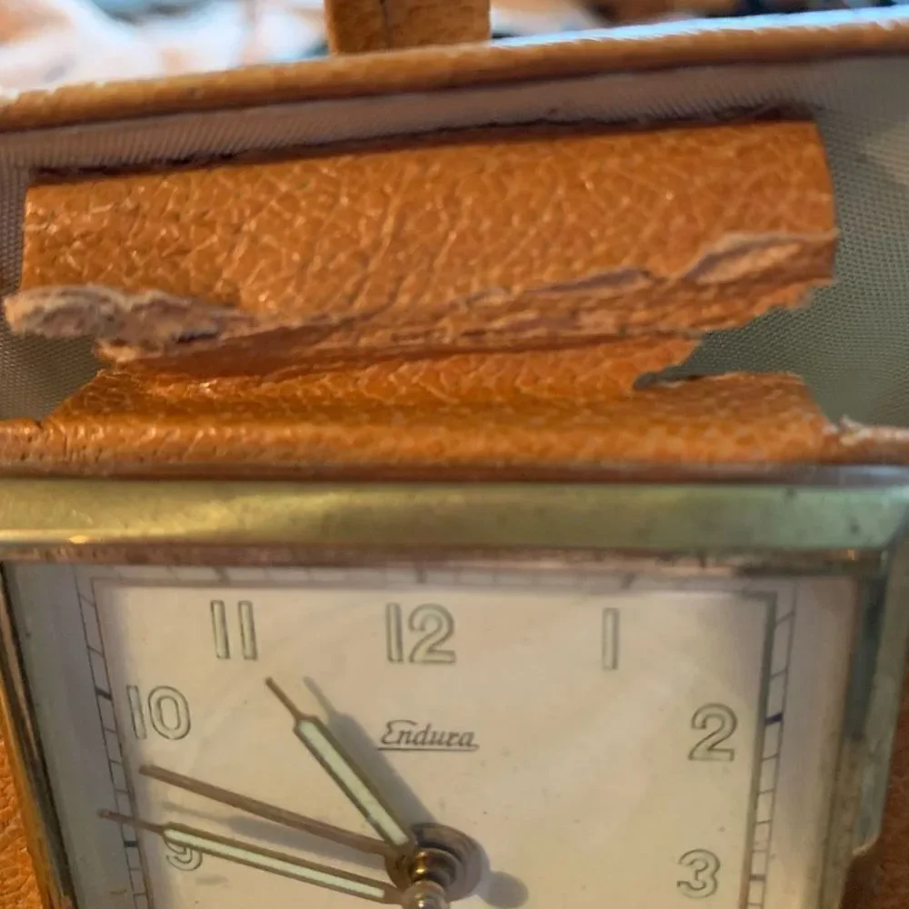 Vintage Endura German Folding Leather Luggage Travel Clock-Not Working